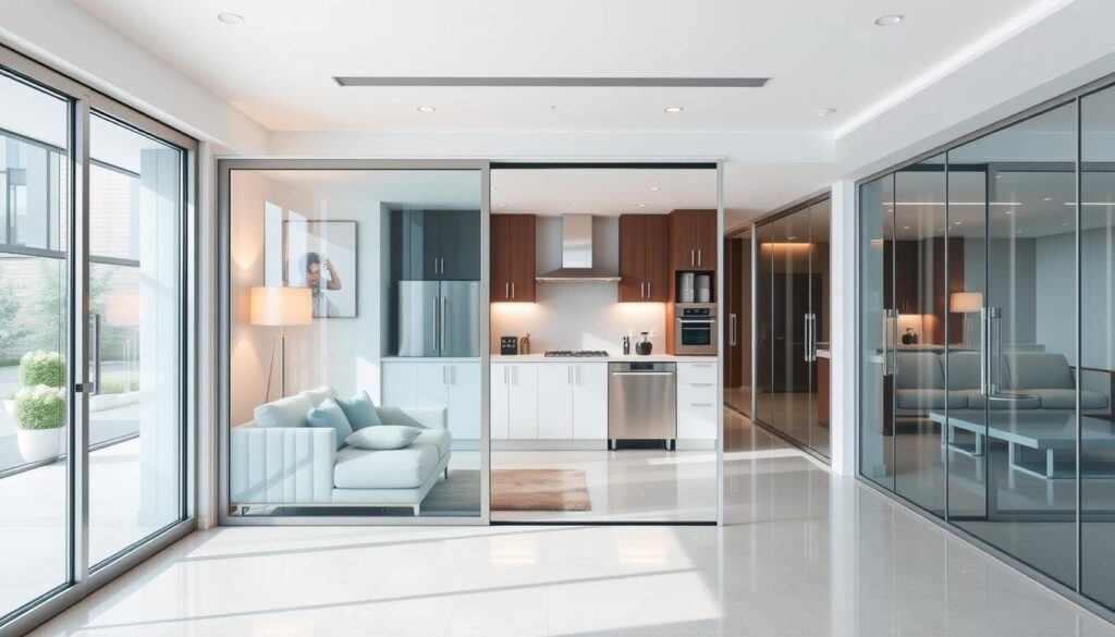 A bright, well-lit interior space showcasing a variety of glass sliding door systems in various environments. In the foreground, a sleek, modern glass door system frames a cozy living room setting with plush furniture and warm lighting. In the middle ground, a similar glass door system is integrated into a minimalist commercial kitchen, surrounded by stainless steel appliances and pristine countertops. In the background, a glass sliding door system separates a healthcare facility's waiting area, with comfortable seating and soothing decor. The overall scene conveys a sense of versatility, functionality, and seamless integration of the door systems into different residential, commercial, and institutional settings.