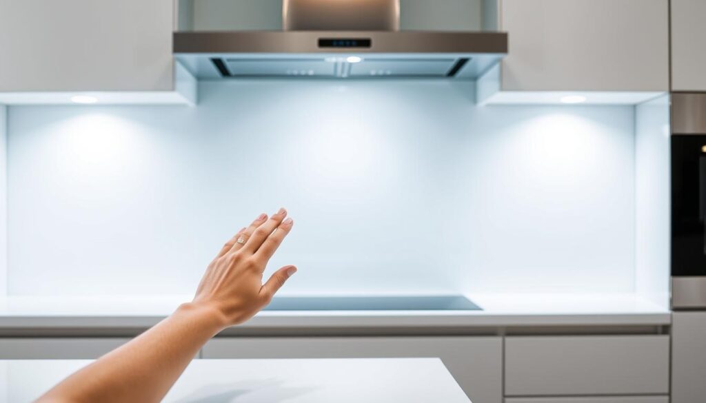 A bright, well-lit kitchen interior showcasing a sleek, modern glass backsplash. The backsplash features a seamless, high-quality surface with a lustrous, fingerprint-resistant finish. Soft, even lighting illuminates the backsplash, highlighting its clean, minimalist design and reflecting off the smooth, glossy surface. In the foreground, a single hand gently wipes the backsplash, demonstrating the ease of maintenance and the backsplash's resilience to smudges and stains. The overall scene conveys a sense of effortless cleanliness and timeless elegance, aligning with the "Pflege und Reinigung: schnell sauber, dauerhaft schön" section title.