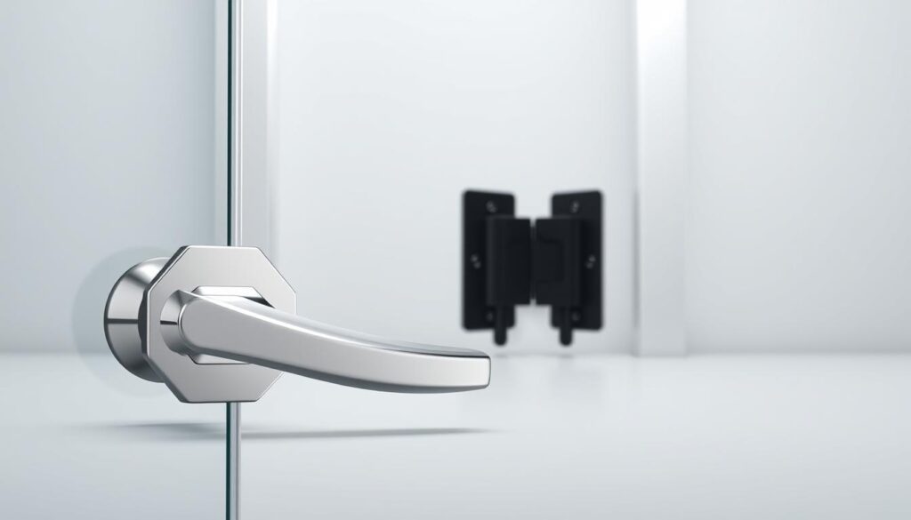 A chrome and matte black metal door hardware arrangement, captured in a minimalist, high-contrast studio setting. The foreground features a sleek, modern door handle and lock set with crisp edges and a lustrous chrome finish. The middle ground showcases a pair of stylish, matte black hinges, seamlessly blending form and function. In the background, a subtle aluminum frame provides a clean, monochromatic backdrop, allowing the hardware to take center stage. Soft, directional lighting accentuates the materials' textures and reflections, creating a sense of sophistication and attention to detail. The overall composition emphasizes the high-quality, contemporary aesthetic of the shower door hardware.
