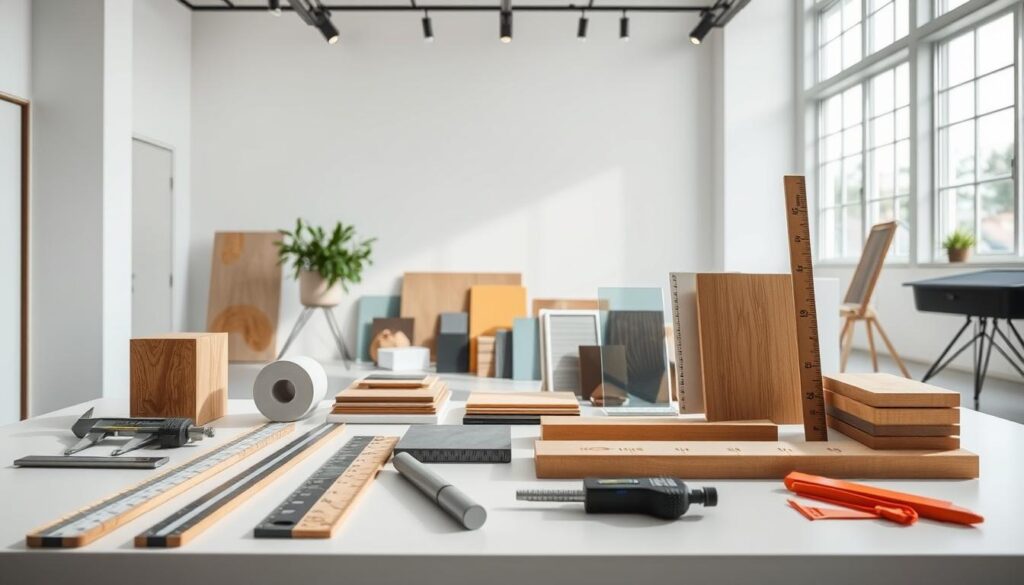 A clean, modern studio setting showcasing a detailed "größen maß" display. The foreground features various measurement tools, rulers, and calipers arranged neatly on a sleek, minimalist table surface. The middle ground highlights a collection of different material samples, including wood, glass, and metal, each labeled with their respective dimensions. In the background, a large, luminous window floods the scene with natural light, creating a bright, airy atmosphere. The overall mood is one of precision, clarity, and technical expertise, perfectly suited to illustrate the "Maße, Materialien und Dekore" section of the article.