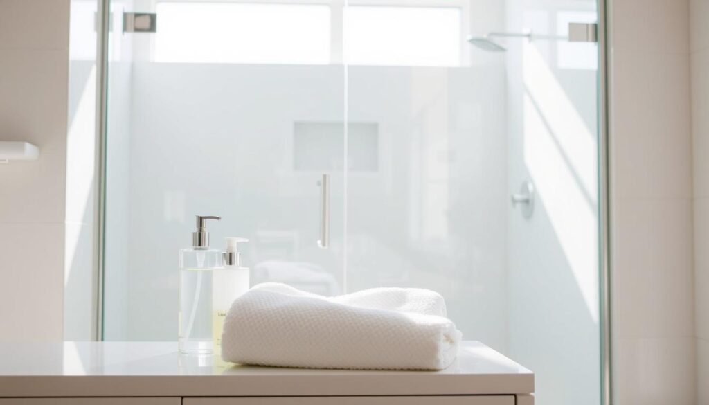A clean, well-lit bathroom with a frameless glass shower enclosure taking center stage. The glass panels gleam with a spotless, streak-free shine, reflecting the bright, natural light flooding the space. The seamless design and sleek hardware convey a sense of modern, low-maintenance elegance. In the foreground, a selection of gentle cleaning products and a soft, plush towel sit neatly on a minimalist vanity, hinting at the easy maintenance and durability of the glass shower. The overall atmosphere is one of tranquility, simplicity, and effortless sophistication.