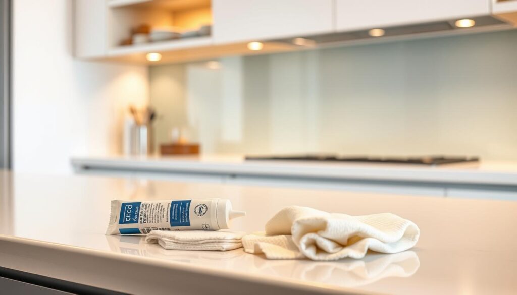 A clean, well-organized kitchen countertop with a transparent glass backsplash, subtly illuminated by warm, indirect lighting. The surface is pristine, free of clutter, showcasing the ease of installation for this innovative glass solution. In the foreground, a tube of clear silicone adhesive and a few clean, lint-free cloths sit ready, hinting at the simple, mess-free application process. The background blurs softly, drawing the viewer's attention to the central focus - the seamless, sophisticated glass backsplash that effortlessly integrates with the kitchen's overall design.