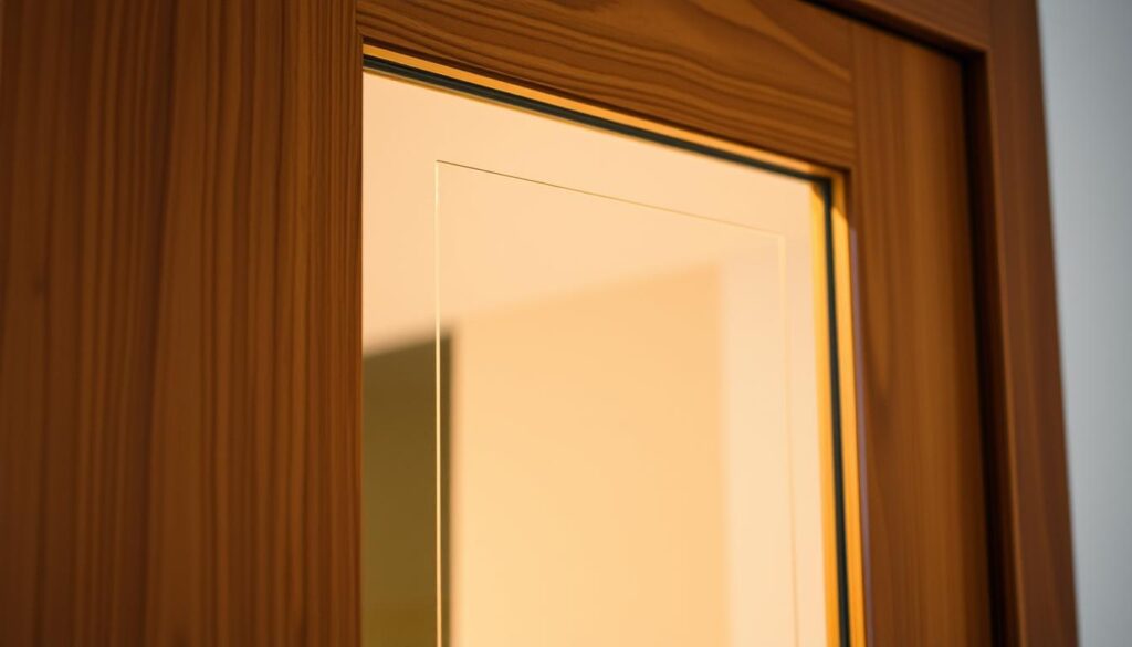 A close-up shot of a high-quality glass inset for a wooden interior door, showcasing its elegant design and craftsmanship. The glass panel is set within a sleek, modern frame, creating a seamless and visually appealing integration with the door. The lighting casts a warm, soft glow, highlighting the clarity and transparency of the glass. The image captures the attention to detail and the premium quality of the glass inset, perfectly suited for enhancing the appearance and functionality of a stylish indoor living space.