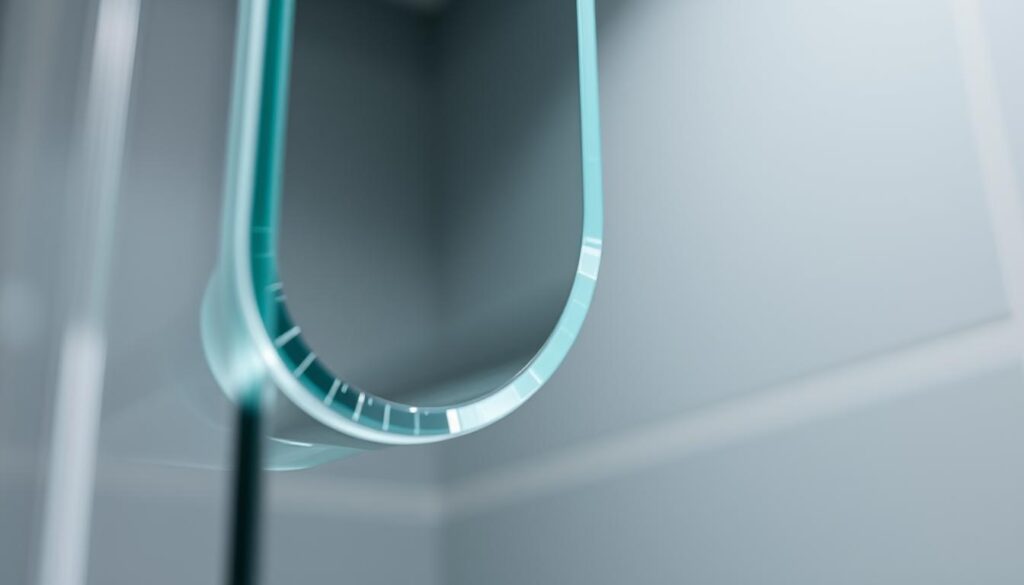 A close-up shot of a professional-grade glass shower door seal, showcasing its intricate design and attention to detail. The duschdichtung glas is made of high-quality, transparent silicone material, creating a seamless and waterproof barrier between the glass panel and the shower enclosure. The lighting is soft and diffused, highlighting the subtle texture and sheen of the seal. The angle emphasizes the precision engineering, with a focus on the flexible yet durable construction that ensures a tight, long-lasting seal. The overall mood is one of quality, reliability, and attention to detail - the hallmarks of a well-engineered, maßgeschneiderte solution for a glass shower door.