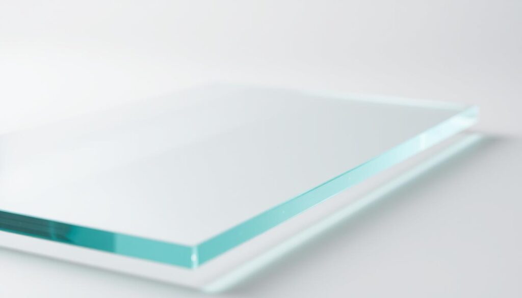 A close-up shot of a single sheet of toughened safety glass, also known as "einscheibensicherheitsglas" or ESG. The glass surface appears smooth and flawless, with a subtle sheen that reflects the surrounding lighting. The edges are precisely cut, showcasing the material's strength and durability. The glass is positioned against a neutral, evenly lit background, allowing the viewer to focus on its clarity and structural integrity. The overall lighting is soft and diffused, creating a sense of elegance and sophistication that befits the technical nature of the subject matter. The composition emphasizes the glass's thickness and resilience, conveying its suitability for use in high-traffic areas like shower enclosures.