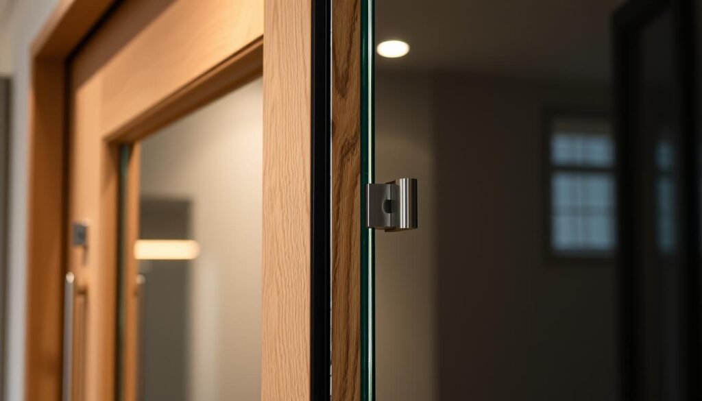 A close-up view of a glass door's intricate details, showcasing its precise measurements, clean edges, and high-quality hardware. The glass pane appears flawless, reflecting the surrounding environment with clarity. The door frame is crafted from a warm, natural wood, seamlessly integrated with the glass. Subtle lighting casts a soft, even glow, accentuating the door's elegant simplicity. The overall composition emphasizes the importance of custom-fitted dimensions, premium materials, and meticulous attention to detail in creating a truly bespoke glass door solution.