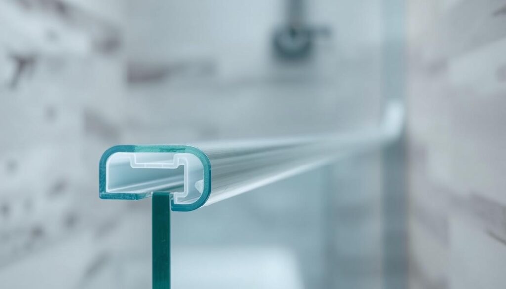 A close-up view of a high-quality shower door seal, showcasing its durable construction and sleek appearance. The seal is made of a combination of rigid and flexible PVC, with a semi-transparent, glass-like finish that seamlessly blends with the shower door. The lighting is soft and diffused, highlighting the intricate texture and contours of the material. The seal is positioned in the foreground, with a blurred background that suggests a modern, minimalist bathroom setting. The image conveys a sense of quality, attention to detail, and the importance of a well-designed, long-lasting shower door seal.
