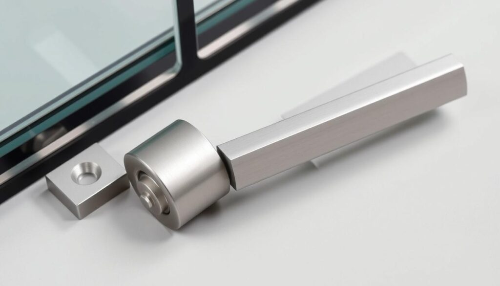 A close-up view of a set of sturdy, high-quality door hardware components, including a sleek, minimalist metal door handle and its accompanying mounting plate or escutcheon. The hardware is crafted from a polished, silvery metal, possibly stainless steel or aluminum, with a smooth, seamless finish. The design is understated yet elegant, with clean lines and a subtle sheen that suggests durability and attention to detail. The components are arranged on a plain, neutral-colored background, allowing the hardware to be the focal point and highlighting its functional and aesthetic qualities. The lighting is soft and even, creating subtle highlights and shadows that accentuate the form and texture of the materials. The overall mood is one of refined, high-quality craftsmanship suitable for a modern, premium glass door installation.