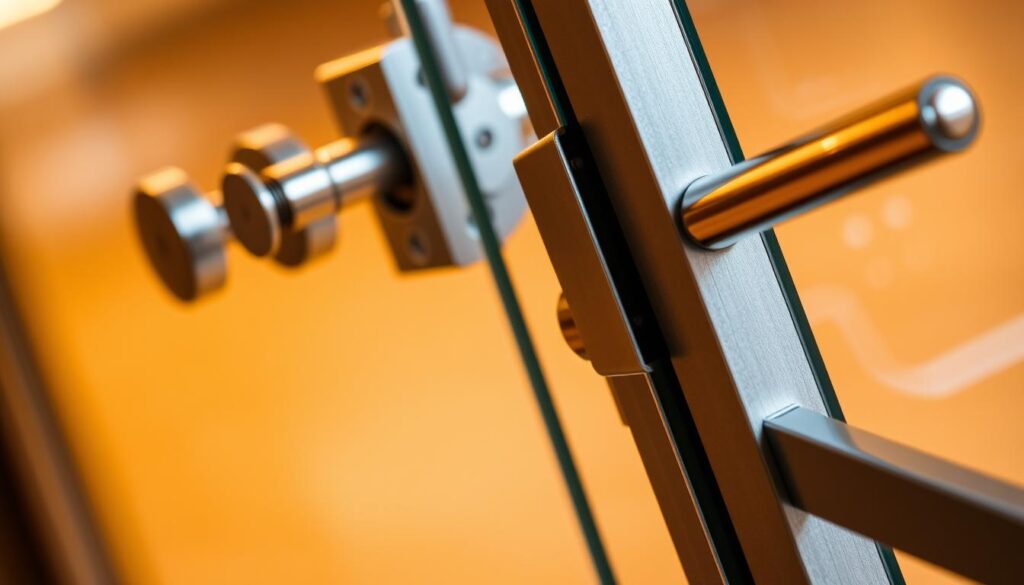 A close-up view of high-quality glass door hardware components, including sturdy hinges, sleek handles, and precision locking mechanisms. Showcasing the technical precision and durability of the fittings, with a focus on the intricate engineering and attention to detail. The hardware is artfully arranged against a softly blurred background, highlighting the craftsmanship and reliability of the glass door system. Warm, directional lighting casts subtle shadows, emphasizing the solidity and reliability of the components. The overall mood is one of refined elegance and functional sophistication, reflecting the premium quality of the glass door solution.