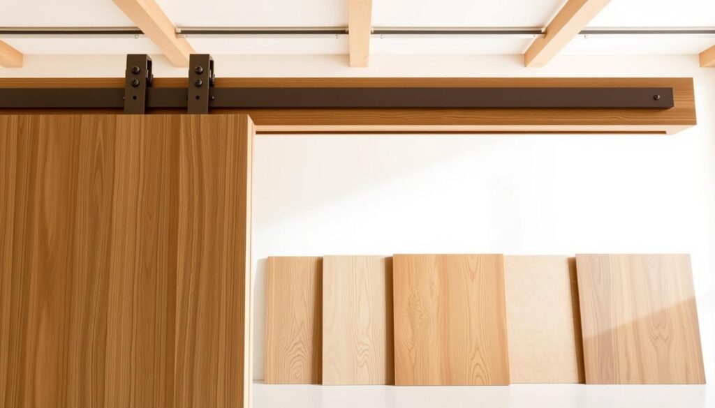 A contemporary and minimalist wood sliding door system, showcased in a bright, airy studio setting. The foreground features the sliding door mechanism in sleek metal and wood finishes, with a clear focus on the configurable adjustment options. The middle ground displays a selection of wood panel samples in various natural tones, allowing the viewer to envision customization possibilities. The background is a clean, white space with warm, diffused lighting accentuating the material textures and highlighting the refined, bespoke nature of the product. The overall composition conveys a sense of quality, flexibility, and attention to detail that aligns with the "Preise, Konfiguration und Services" section of the article.