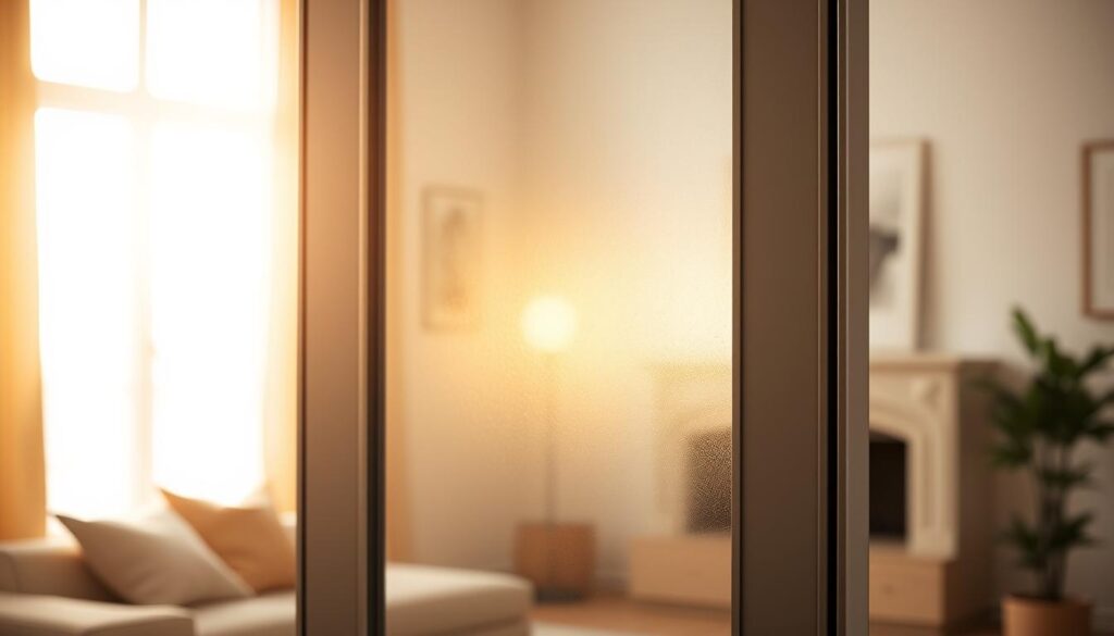 A contemporary glass door in a warm, inviting living space. The focal point is a precisely crafted lichtausschnitt - an elegant cutout in the glass panel, allowing a soft, ambient glow to radiate through. The lichtausschnitt features a clean, minimalist design, accentuating the door's architectural lines. Warm, natural lighting filters in, casting a cozy, tranquil atmosphere. The glass surface exhibits a subtle satin finish, diffusing the light beautifully. The door is framed by a sleek, metal trim, complementing the modern aesthetic. In the background, a serene, neutral-toned room sets the stage, allowing the lichtausschnitt to take center stage as a stunning focal point.