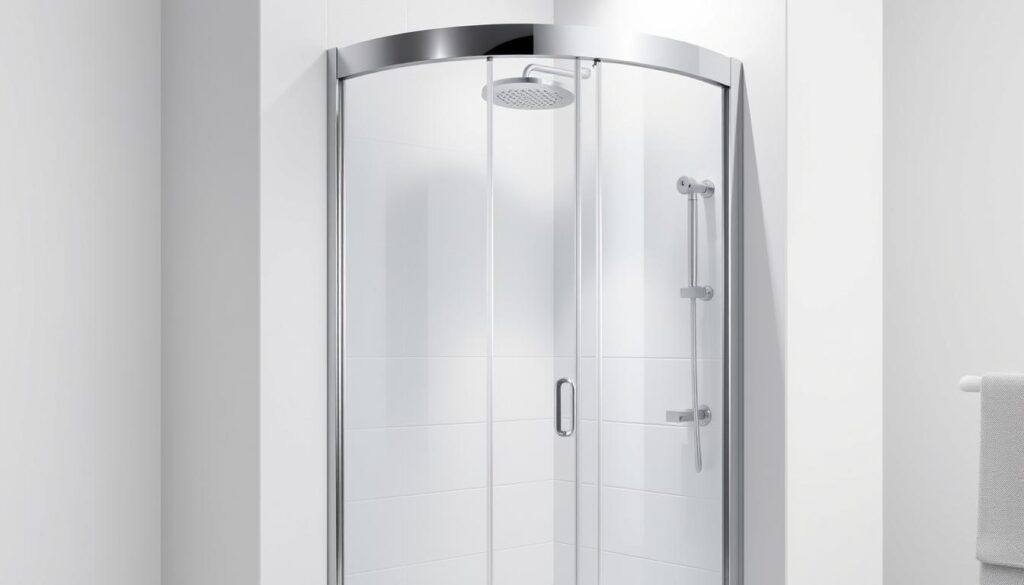 A contemporary, high-quality shower enclosure set against a sleek, modern bathroom backdrop. A frameless glass door with clean lines opens to reveal a spacious, well-lit shower area. Gleaming chrome fixtures and fittings complement the smooth, minimalist design. Subtle ambient lighting creates a serene, spa-like atmosphere. The enclosure is positioned within a tiled alcove, with a neutral color palette of whites and grays providing a serene, elegant setting. The overall impression is one of sophisticated simplicity, reflecting the quality and attention to detail that Glastürhop24 is known for.