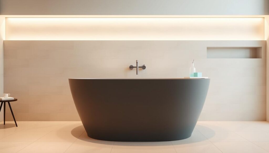 A contemporary, well-lit bathroom interior with a sleek, modern freestanding bathtub positioned prominently in the center. The tub has a clean, minimalist design with a matte grey finish. The background showcases a stylish tile wall in a light, neutral color scheme that complements the tub. Soft, indirect lighting casts a warm, inviting glow throughout the space, creating a relaxing atmosphere. The overall scene conveys a sense of high-end luxury and attention to detail, perfectly suited to illustrate the "Preis, Lieferzeit und Verfügbarkeit" section of the article.