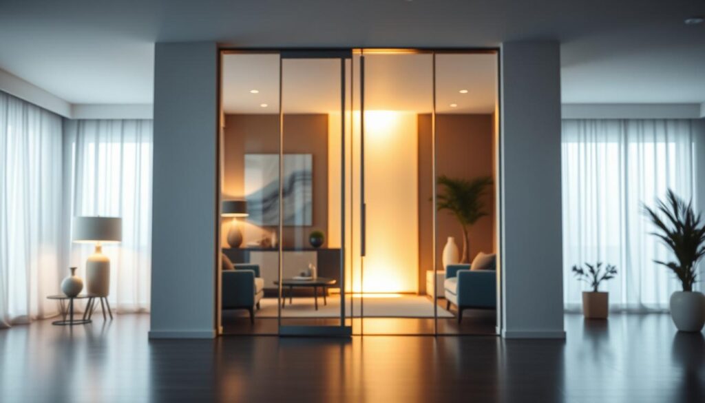 A contemporary, well-lit interior with a focus on a glass door, casting a warm glow throughout the space. The door's sleek, minimalist design seamlessly blends with the surrounding decor, creating a harmonious and inviting atmosphere. Soft, diffused lighting emanates from behind the door, illuminating the room and highlighting the glass's transparency. The foreground features the door's clean lines and reflective surface, while the middle ground showcases the thoughtfully curated furnishings and decor that complement the glass element. The background subtly fades into a serene, neutral color palette, allowing the glass door to take center stage as the focal point. The overall composition conveys a sense of sophistication, functionality, and a carefully considered spatial planning.