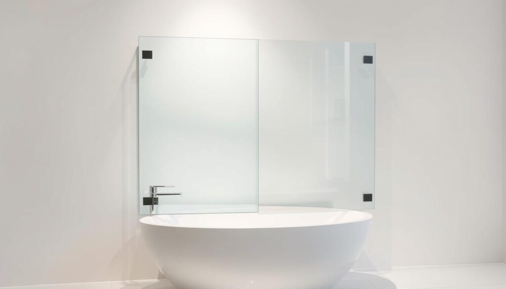 A contemporary, well-lit product photography shot of a custom-made shower wall for a bathtub, showcasing its high-quality glass construction, sleek design, and seamless integration. The image should capture the product from an angle that highlights its elegant form and attention to detail, with a soft, diffused lighting setup that emphasizes the transparency and reflective properties of the glass. The background should be a clean, minimalist setting that allows the shower wall to be the focal point, conveying a sense of modern, high-end bathroom design.