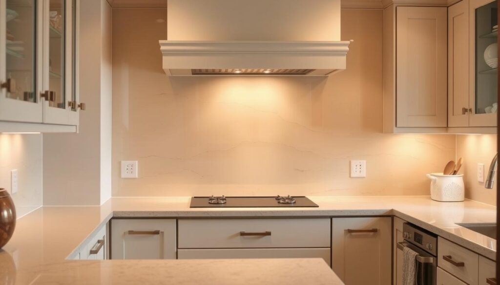 A cozy kitchen interior with a custom glass backsplash, featuring a warm, muted color palette and natural textures. The backsplash surface appears smooth and seamless, reflecting the warm overhead lighting and casting soft shadows across the clean, clutter-free countertops. The composition emphasizes the backsplash as the focal point, with the surrounding cabinetry and appliances providing a harmonious, understated backdrop. The overall atmosphere conveys a sense of refined elegance and functionality, capturing the essence of a well-designed, customer-focused kitchen project.
