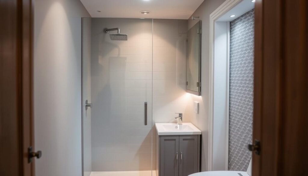 A cozy, well-lit bathroom interior with a custom-built glass shower enclosure taking center stage. The shower features clean, modern lines and a seamless, frameless design, reflecting the bespoke nature of the installation. Warm, indirect lighting illuminates the space, creating a serene and relaxing atmosphere. The minimalist tile work and carefully selected fixtures complement the glass shower, highlighting the attention to detail and personalized craftsmanship. In the foreground, a small vanity unit with a sink and mirror provide a functional yet elegant touch, while the background showcases a subtly patterned wall, adding depth and visual interest to the scene.