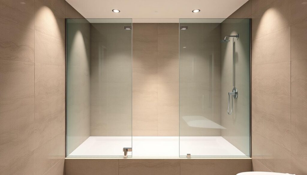 A custom-built glass shower wall in an elegant modern bathroom, its sleek frameless design seamlessly blending with the surrounding tiles. The glass panels are precisely measured and cut to fit the alcove, creating a clean, minimalist aesthetic. Soft, indirect lighting casts a warm glow, accentuating the transparency and reflective qualities of the glass. The wall stands tall, its smooth surface uninterrupted, offering an unobstructed view of the shower space. The overall composition exudes a sense of spaciousness and luxurious simplicity, perfectly capturing the essence of "Maße, Höhen und Sonderformen: passgenau gefertigt - schnell geliefert".