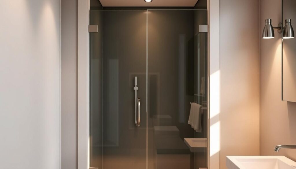 A custom-fitted niche door made of high-quality glass, seamlessly integrated into a modern bathroom interior. The door's sleek, frameless design allows natural light to flow freely, creating an airy, open atmosphere. Precise measurements ensure a perfect fit, maximizing the available space and enhancing the room's functionality. Subtle metal hardware accents complement the minimalist aesthetic, while the transparent glass panels provide unobstructed views, visually expanding the room. Soft, indirect lighting casts a warm glow, highlighting the door's clean lines and the bathroom's elegant, contemporary style.