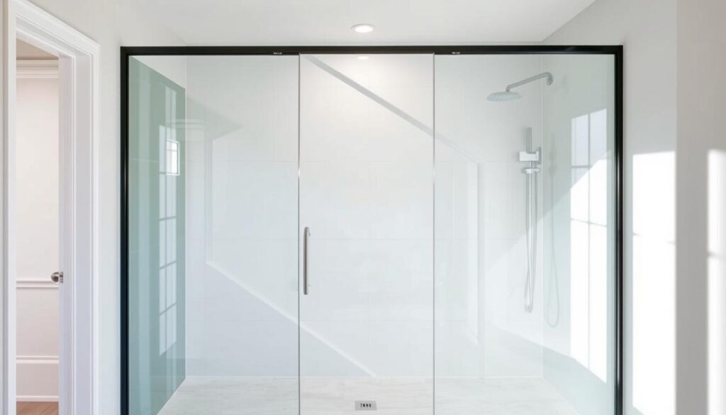A custom-shaped shower enclosure stands in a modern bathroom, its sleek glass panels reflecting the soft lighting. The enclosure features a unique angle-cut design, creating an elegant, asymmetrical shape that seamlessly integrates with the room's architecture. The glass has a subtle tint, lending a sophisticated atmosphere, while the frameless construction maximizes the sense of openness. The enclosure is positioned to highlight the interplay of light and shadow, its angled planes and clean lines creating a striking visual statement. The overall impression is one of thoughtful, tailored design that elevates the functionality of the shower into a striking design element.