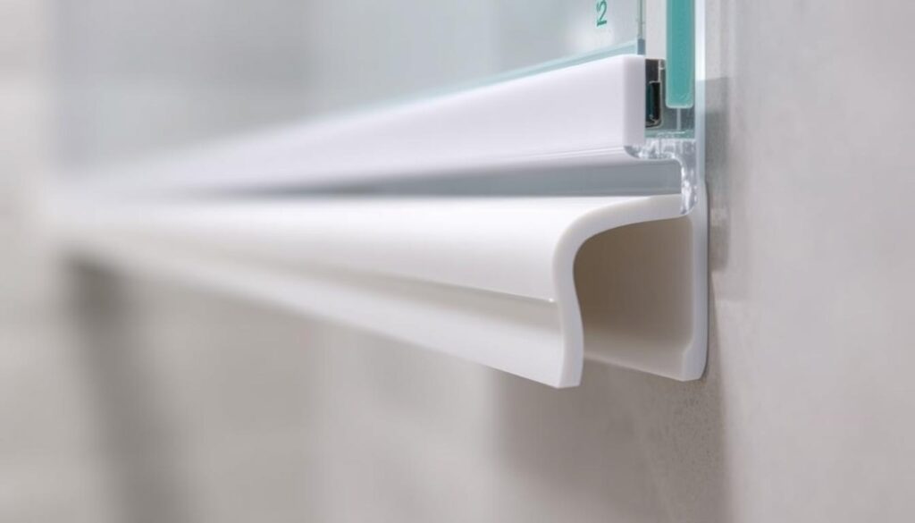 A detailed close-up of a duschdichtung (shower door seal) made of high-quality silicone. The seal is shown in sharp focus, highlighting its sleek, smooth texture and seamless integration with the shower door frame. The lighting is soft and even, creating a subtle sheen on the surface. The background is blurred, placing emphasis on the duschdichtung's shape, design, and functionality. The scene conveys a sense of quality, durability, and the importance of selecting the right seal for a shower door to ensure a tight, water-resistant fit.