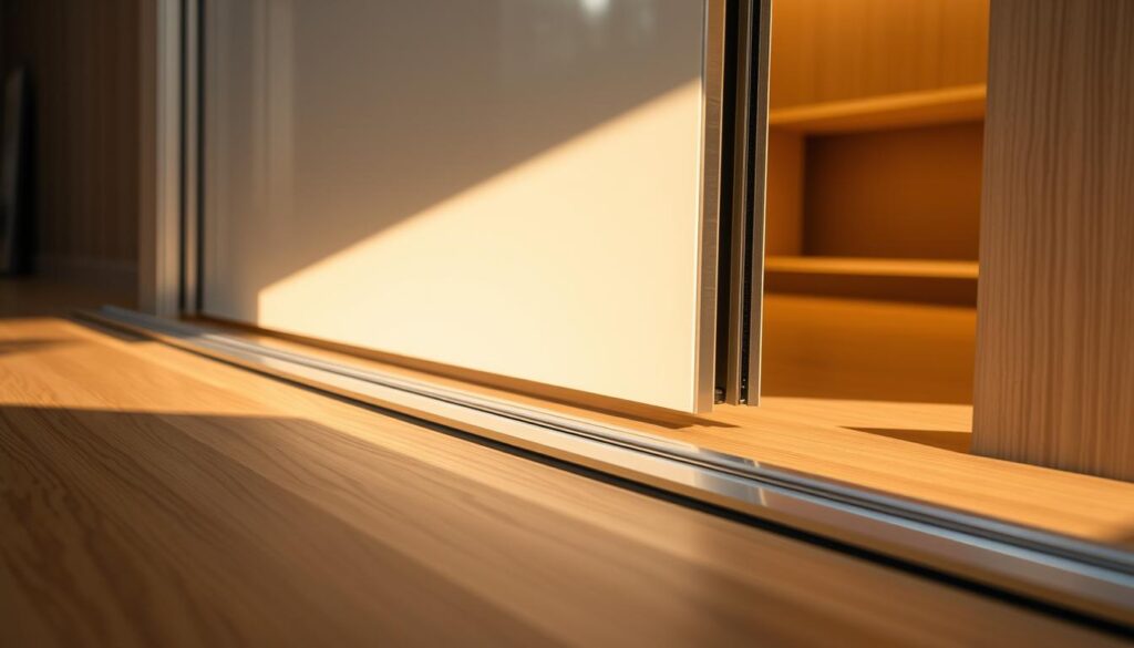A detailed close-up view of a sliding door wall system, showcasing the intricate components of the floor guide mechanism. The scene is bathed in warm, directional lighting, highlighting the sleek, brushed aluminum finishes and smooth, precision-engineered parts. The foreground features the floor-mounted track and rollers, with a focus on the clean, low-profile design that seamlessly integrates into the surrounding wall. The middle ground showcases the sliding door panel, with its minimalist, frameless construction and high-quality seals and gaskets. The background subtly reveals the recessed wall cavity, creating a sense of depth and emphasizing the thoughtful engineering behind this high-end sliding door solution.