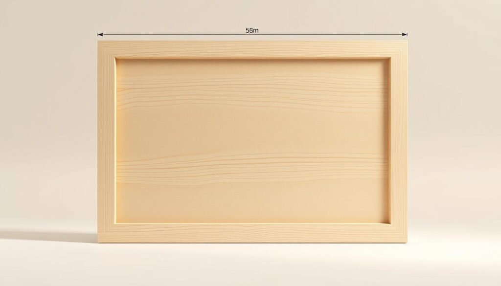 A detailed technical diagram of a standard wooden door panel conforming to DIN 18100 specifications. The panel is shown in a clean, well-lit studio setting, captured from a slightly elevated angle to highlight its precise dimensions and construction. The wood grain texture is clearly visible, with a matte finish that conveys a sense of quality and durability. The edges are precisely aligned, and the overall composition emphasizes the panel's symmetry and design integrity. The lighting is soft and even, creating subtle shadows that accentuate the panel's depth and solidity. The background is a simple, neutral color that allows the door panel to be the sole focus of the image.