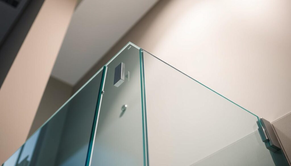 A detailed, well-lit glass shower enclosure with a seamless, stable glass panel framed in a modern, minimalist design. The glass panels are secured with sturdy metal hardware, creating a sleek, durable, and water-resistant barrier. Bright lighting from above casts a warm, even glow, highlighting the clarity and structural integrity of the glass. The scene conveys a sense of high-quality craftsmanship, safety, and functionality within the shower space.