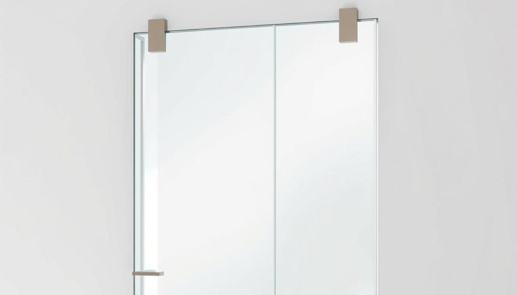 A elegant, modern pendeltür made of clear, tempered glass with a sleek, seamless design. The door appears to be suspended in mid-air, casting a soft, natural light throughout the room. The glass is perfectly smooth and polished, with a high-quality finish that reflects the surrounding environment. The door is framed by a minimalist, brushed metal hardware in a muted, understated tone that complements the glass. The scene is captured with a wide-angle lens, showcasing the door's clean lines and highlighting the sophisticated, contemporary style that would suit a premium, high-end interior.