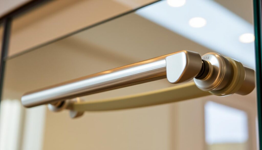 A finely crafted custom-made handle bar for a sliding glass door, gleaming with a sleek metallic finish. The handle's ergonomic design and sturdy construction are meticulously engineered to provide a seamless, user-friendly experience. Soft lighting from above casts a warm glow, highlighting the handle's elegant curves and attention to detail. The handle is mounted against a backdrop of a translucent glass panel, creating a harmonious blend of form and function. The overall scene conveys a sense of high-quality, bespoke craftsmanship perfectly suited for a personalized sliding glass door setup.