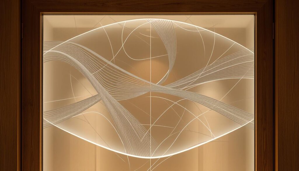 A finely crafted glass door panel, expertly tailored to the client's precise specifications. Elegant lines and smooth curves create a visually striking focal point, seamlessly blending with the warm wood tones of the surrounding frame. Crisp, geometric patterns dance across the surface, illuminated by soft, diffused lighting that emanates from a precisely engineered cutout. The interplay of light and shadow transforms this custom-made piece into a captivating work of art, a harmonious marriage of form and function that elevates the overall aesthetic of the space. A meticulously executed "Maßanfertigung lichtausschnitt" - a bespoke glass solution that showcases the pinnacle of craftsmanship and design.