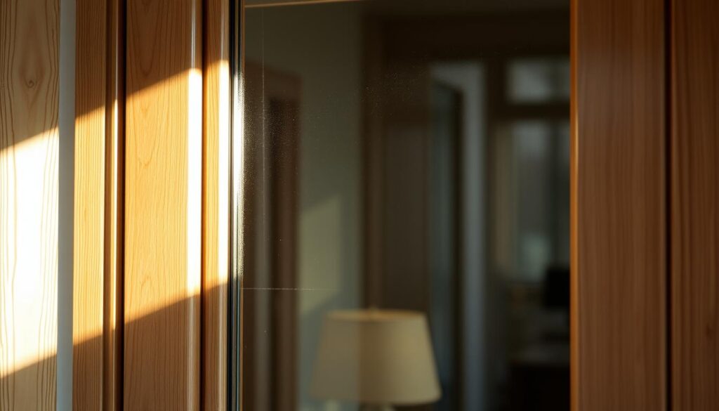 A finely crafted glass panel in a wooden door frame, capturing the essence of "lichtausschnitt" - the play of light and shadow. The glass pane is expertly positioned, allowing a soft, natural illumination to filter through, creating a warm and inviting ambiance. The grain of the wood is visible, adding depth and texture to the composition. The door is slightly ajar, hinting at the interior beyond, piquing the viewer's curiosity. Subtle reflections dance across the glass, creating a sense of depth and movement. The lighting is carefully balanced, casting a gentle glow that accentuates the craftsmanship and materials. This image perfectly encapsulates the essence of the section, "Zimmertür mit Glas: Varianten, Materialien und Ausstattungen im Überblick".