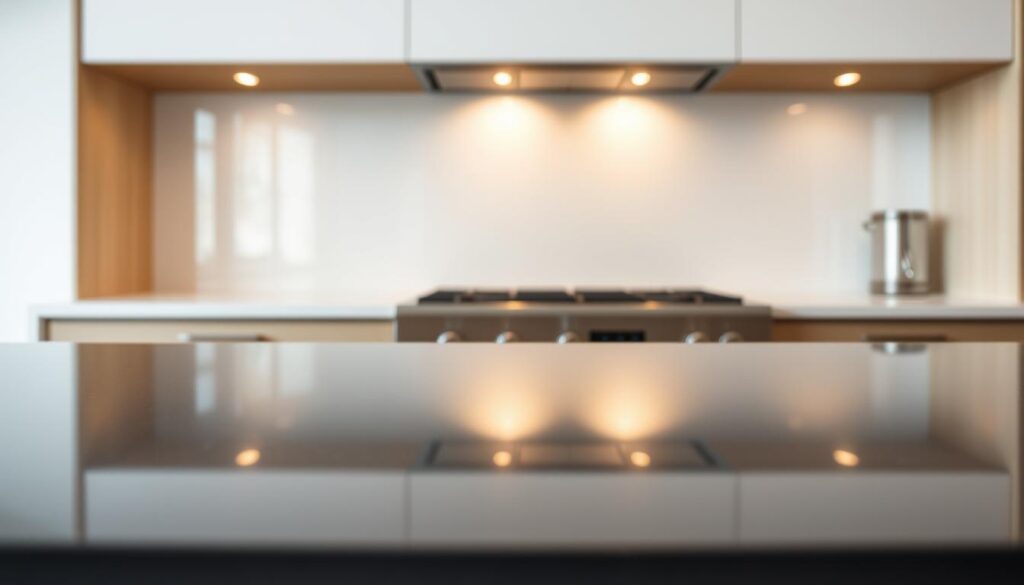 A finely crafted kitchen backsplash panel, its surface gleaming with a high-gloss finish. The panel is made of tempered glass, reflecting the warm lighting above in a soft, diffused glow. The edges are precisely cut, creating a seamless, minimalist aesthetic. In the foreground, the panel's surface is depicted in sharp detail, capturing the subtle textures and slight variations in the glass. The middle ground showcases the panel's integration into the kitchen's design, complementing the cabinetry and countertops. The background fades into a softly blurred, neutral color palette, allowing the panel to take center stage. The overall mood is one of modern elegance and functionality, showcasing the panel's role as a sophisticated and practical element of the kitchen.