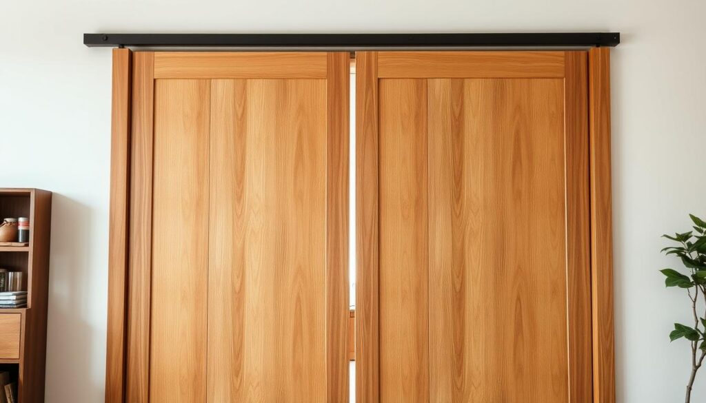 A finely crafted wood sliding door with a sleek, minimalist design, set against a bright, well-lit interior. The door's smooth, natural grain and seamless tracks create a sense of effortless functionality. Soft, diffused lighting gently illuminates the space, highlighting the door's elegant silhouette and the inviting, warm ambiance of the room. The camera angle captures the door in a slightly elevated perspective, emphasizing its impressive scale and sophisticated craftsmanship. This customizable, high-quality sliding door solution offers a tailored, refined look that seamlessly integrates into any modern, contemporary interior design.