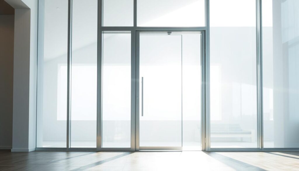 A glass door, its pane seamlessly integrated into the frame, creating a sleek, minimalist aesthetic. The door is positioned in a bright, airy room, with natural light streaming in from large windows, casting a warm, diffused glow. The glass is crystal clear, reflecting the surroundings with a sense of transparency and openness. The frame, crafted from high-quality materials, complements the glass, forming a harmonious, contemporary design. The scene exudes a sense of modern elegance and functionality, perfectly suited for the "Glastüren" section of the article.