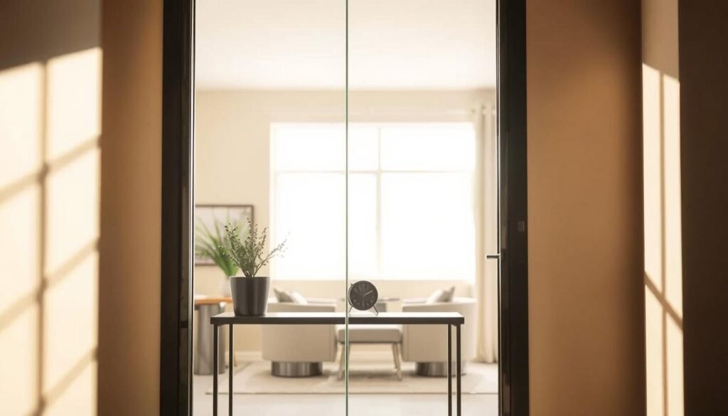 A glass door set against a warm, modern interior. The doorframe casts soft shadows, highlighting the transparent panes that reflect the room's furnishings. A minimalist console table stands in the foreground, its surface adorned with a potted plant and a small clock, suggesting the passage of time. Bright, diffused lighting filters through the glass, creating a calming, inviting atmosphere. The background features muted tones and clean lines, drawing the eye to the central focus - the custom-made glass door, a testament to the craftsmanship and service of Glastuerhop24.