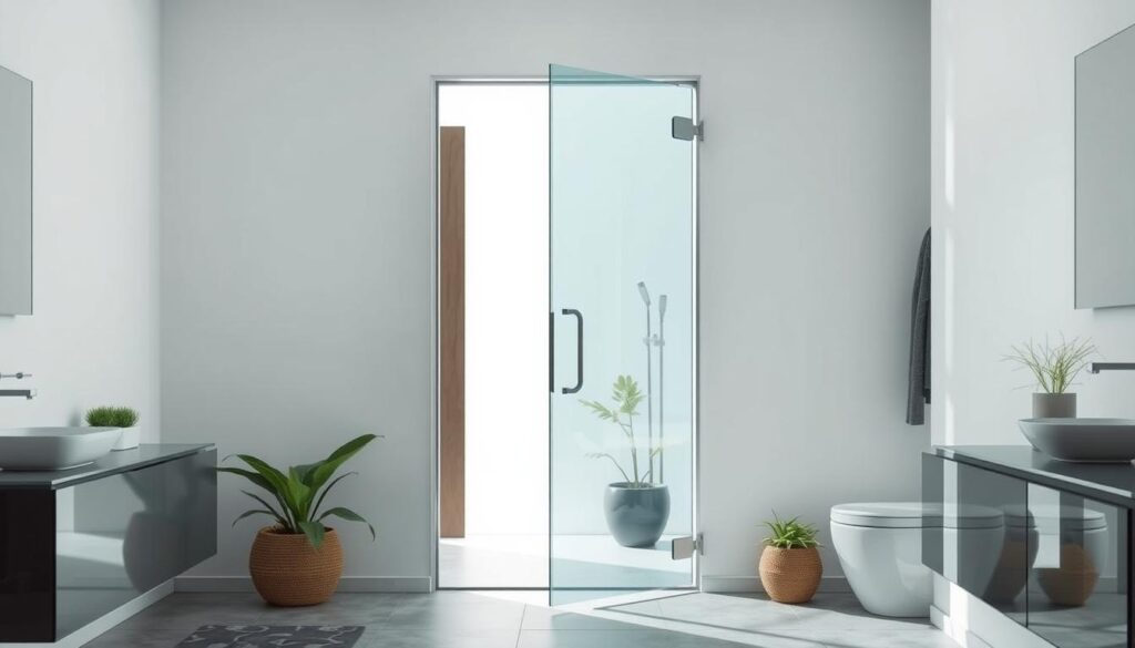 A glass door standing in a modern, well-lit bathroom, its sleek and minimalist design complementing the room's clean, contemporary aesthetic. The door's frameless glass panels reflect the subtle play of light, creating a sense of openness and spaciousness. The door's hinges and hardware are discreetly integrated, emphasizing the overall seamless appearance. The door is slightly ajar, inviting the viewer to step inside and experience the room's calming ambiance. The bathroom's tiled floor and walls, accented by a few potted plants, contribute to the serene and well-designed atmosphere.