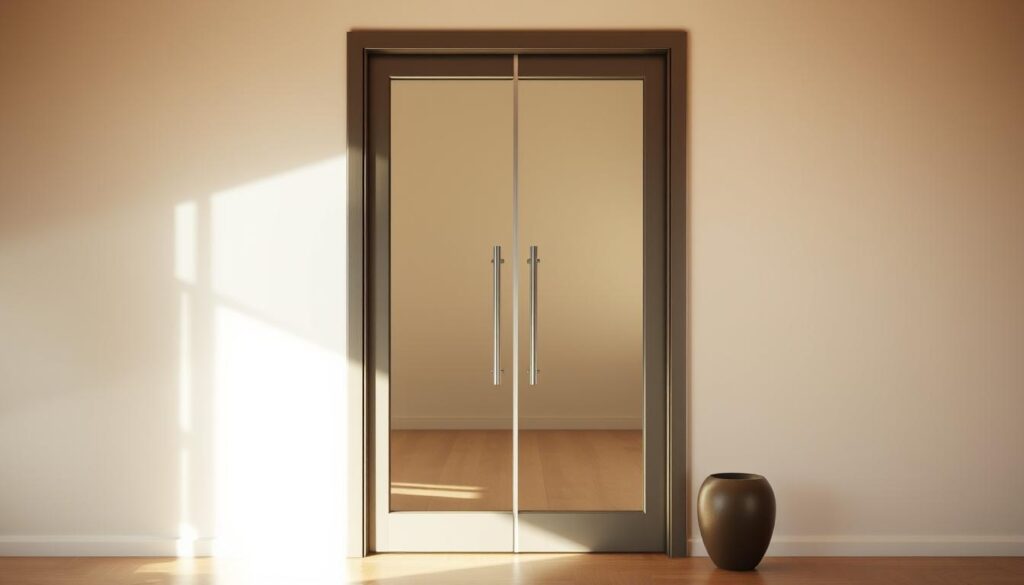 A glass door with a custom-fitted frame, backlit by soft, warm lighting that casts a gentle glow. The door stands in a modern, minimalist interior, its clean lines and sleek design complementing the surrounding space. The frame, crafted with precision, seamlessly integrates with the glass, creating a cohesive and visually appealing unit. Subtle shadows and reflections add depth and dimension, highlighting the quality of the materials and the attention to detail in the construction. The overall atmosphere conveys a sense of sophistication and elegance, perfectly suited for the "Optional mit Zarge: Komplettlösungen für Türen und Zargen" section of the article.