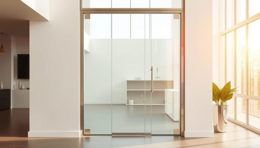 A glass door with a minimalist, modern design. The door is made of high-quality, transparent glass panels that are seamlessly integrated into a sleek, metallic frame. The glass has a clean, unblemished surface, with a slight reflective sheen that catches the light. The door is positioned in a bright, airy interior space, with warm, natural lighting flooding in through large windows. The space has a sophisticated, minimalist aesthetic, with clean lines and muted colors. The glass door serves as a focal point, allowing unobstructed views and a sense of openness and connectivity between the different areas of the space.