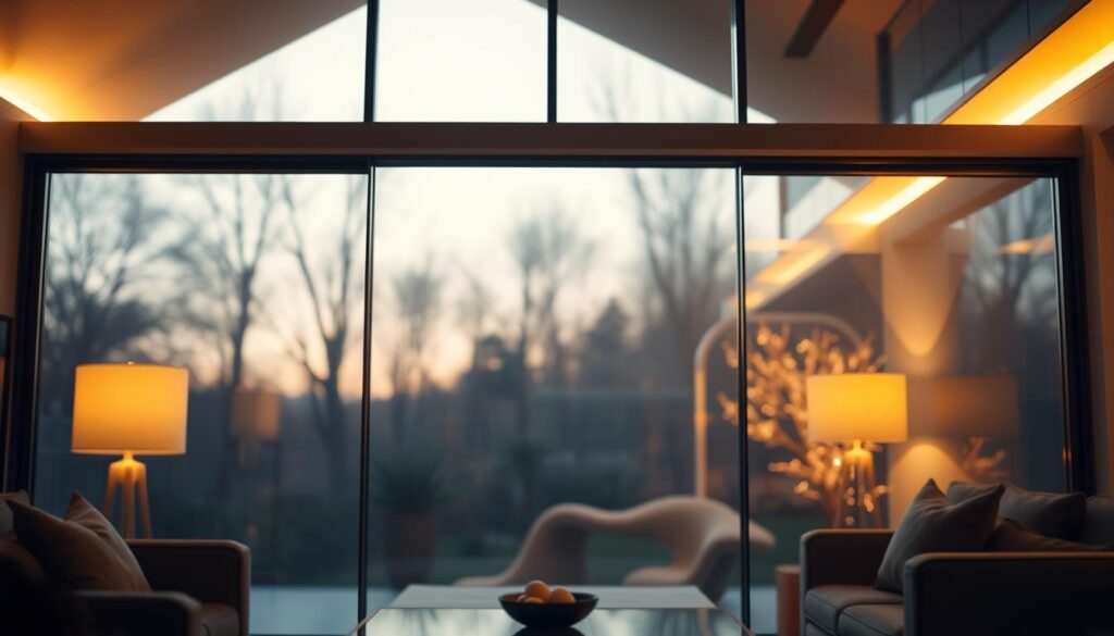 A glass panel, elegantly framed in sleek, modern metal. The light filters through, casting gentle shadows and creating a serene ambiance. The glass is tinted with a subtle hue, adding a touch of sophistication. The panel is positioned centrally, with a clean, minimalist design that complements the surrounding architecture. The scene is bathed in warm, diffused lighting, creating a cozy and inviting atmosphere. The focus is on the filter itself, showcasing its beauty and functionality as a seamless integration into the living space.