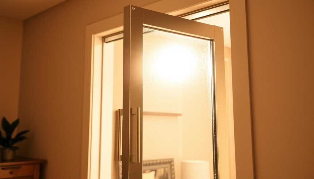 A glass panel swing door with a sleek and modern design, gently swinging open to reveal a sunlit interior. The door's tempered glass panels are framed in a slim, brushed metal profile, providing a seamless, high-quality aesthetic. The door is mounted on sturdy, concealed hinges that allow for smooth, effortless operation. The lighting in the scene is warm and natural, casting a soft glow and highlighting the door's transparency. The angle of the shot showcases the door's functionality, inviting the viewer to imagine it installed in their own home, blending effortlessly with the surrounding decor.