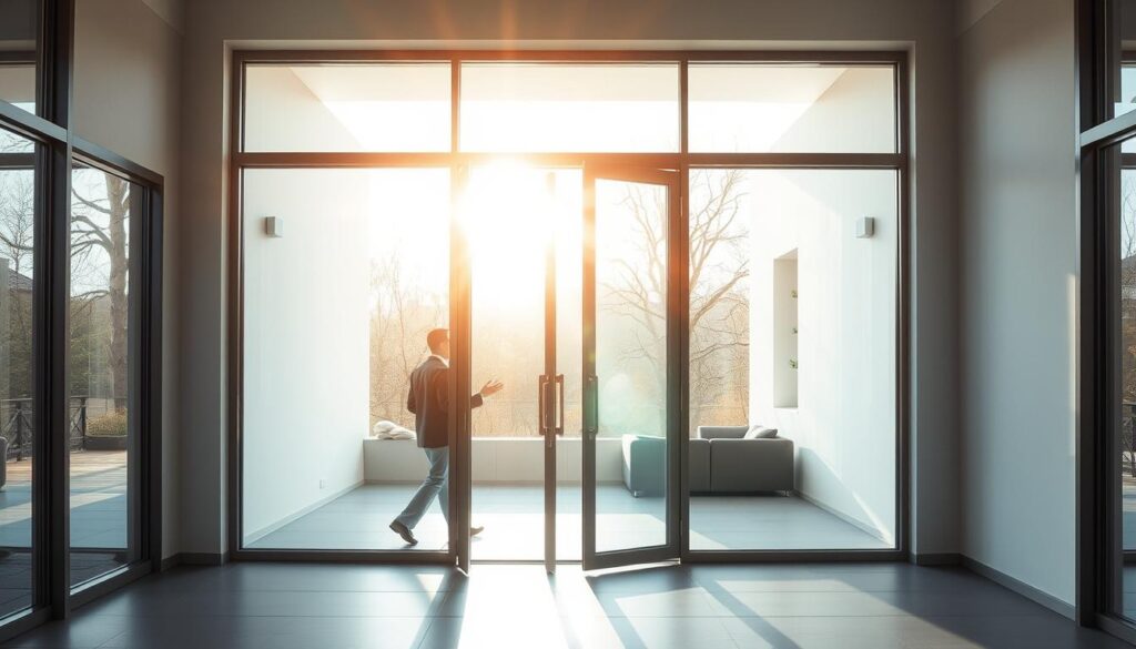 A glass-paneled "Schwingtür" (swing door) elegantly pivots on its central axis, inviting guests into a bright, modern interior. Sunlight streams through the transparent panels, casting a warm, natural glow throughout the space. The door's sleek, minimalist frame seamlessly blends with the surrounding architecture, creating a harmonious, open-concept design. Precise engineering ensures the door's smooth, effortless motion, while sturdy hardware provides reliable functionality. This pendulum-style entryway embodies the perfect balance of form and function, serving as a smart, versatile solution for unique living and working spaces.