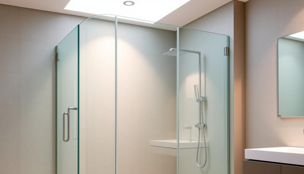 A glass shower enclosure with a sleek, frameless design, standing tall in a modern bathroom. The tempered glass panels, meticulously crafted, seamlessly blend into the space, creating an illusion of boundless flow. Soft, diffused lighting from above casts a warm, inviting glow, enhancing the translucent, crystalline surfaces. The enclosure's clean lines and minimal hardware emphasize the material's natural beauty, while offering a customizable solution tailored to the user's needs. The scene exudes a sense of elegance and functionality, perfectly suited for the "duschtrennwand glas nach Maß" section of the article.