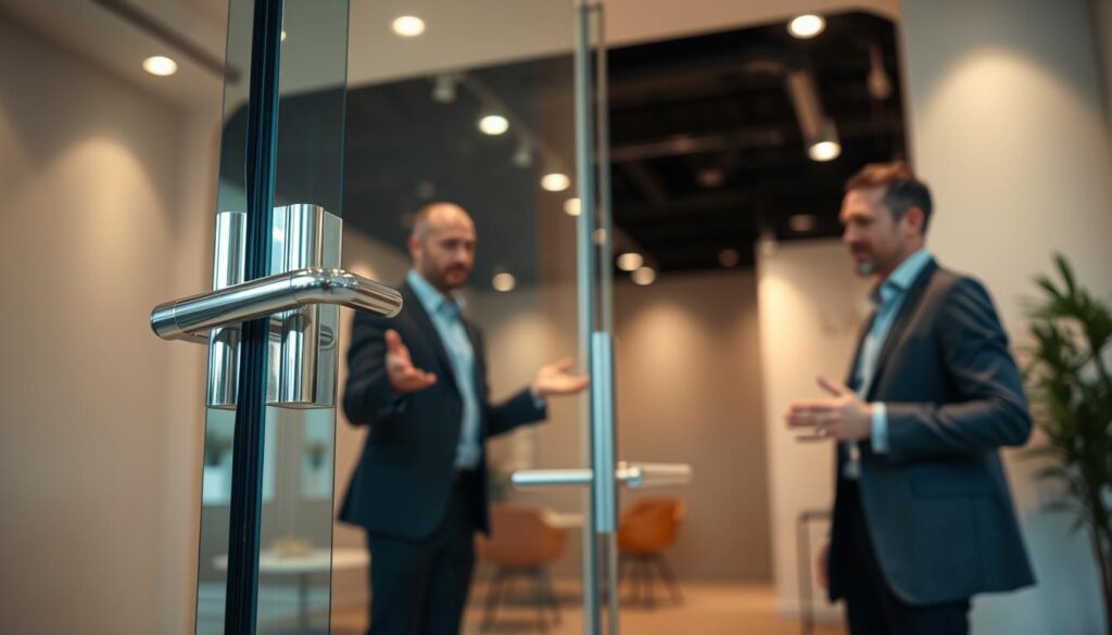A glass swing door in a well-lit, modern showroom. In the foreground, a sturdy chrome handle stands out against the sleek glass panel. The middle ground features a professional salesperson gesturing towards the door, offering guidance and expertise. The background showcases a minimalist interior design, with clean lines and a neutral color palette that complements the elegant glass structure. Soft, diffused lighting from overhead fixtures creates a warm, inviting atmosphere, highlighting the quality and craftsmanship of the swing door. The composition emphasizes the approachable, consultative nature of the purchasing experience.