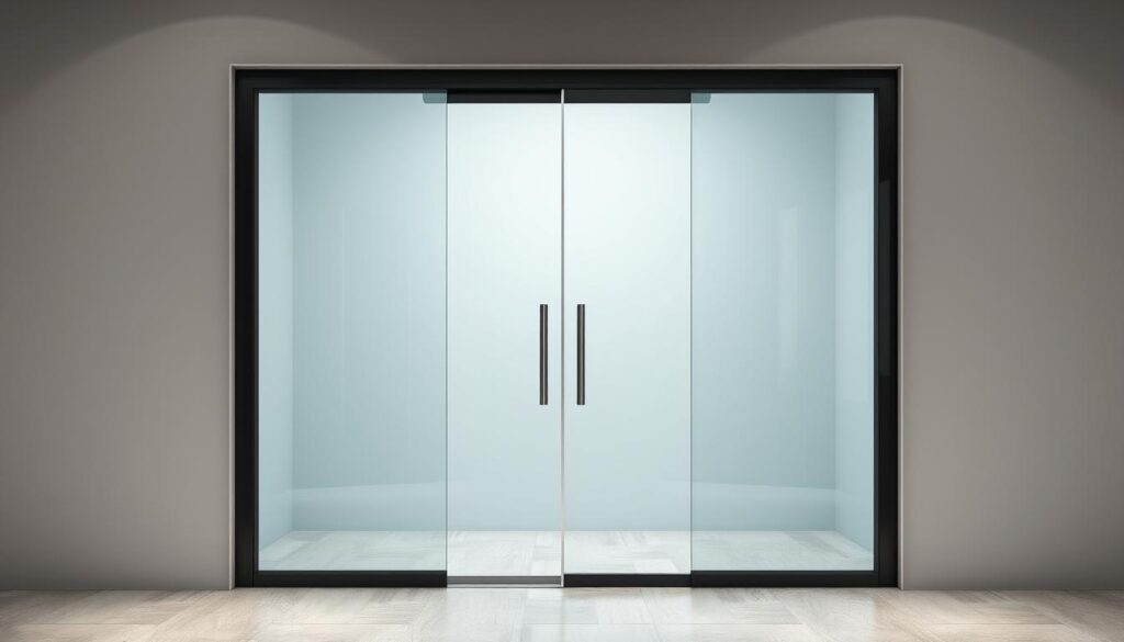 A glass swing door, or "pendeltür", gracefully pivoting on its axis, capturing the essence of elegance and functionality. The door's tempered glass panels reflect the surrounding environment, creating a seamless, minimalist aesthetic. Crisp, directional lighting accentuates the door's clean lines and the smooth, polished hardware. The door is set against a muted, neutral background, allowing the glass features to take center stage. The overall scene conveys a sense of modern sophistication, perfectly suited for a high-end commercial or residential space.