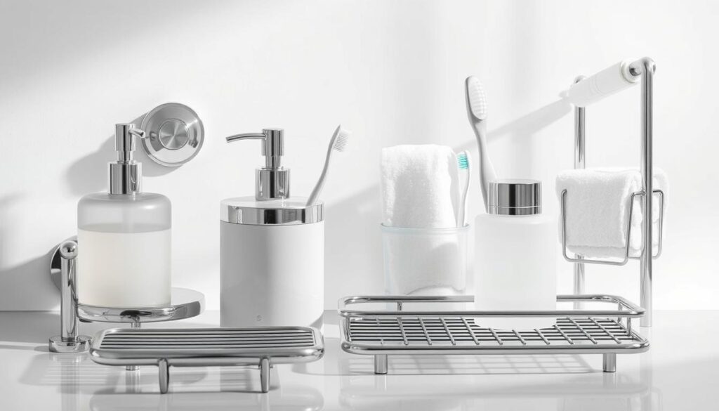 A gleaming assortment of bathroom accessories arranged in a clean, well-lit studio setting. Sleek chrome and frosted glass fixtures including soap dispensers, toothbrush holders, towel bars, and a minimalist shower caddy. The scene is bathed in soft, diffused lighting, highlighting the products' pristine, easy-to-clean surfaces. The overall composition conveys a sense of order, simplicity, and practicality - perfect for a high-quality shower enclosure. The background is a neutral, slightly reflective surface that enhances the modern, sophisticated ambiance.