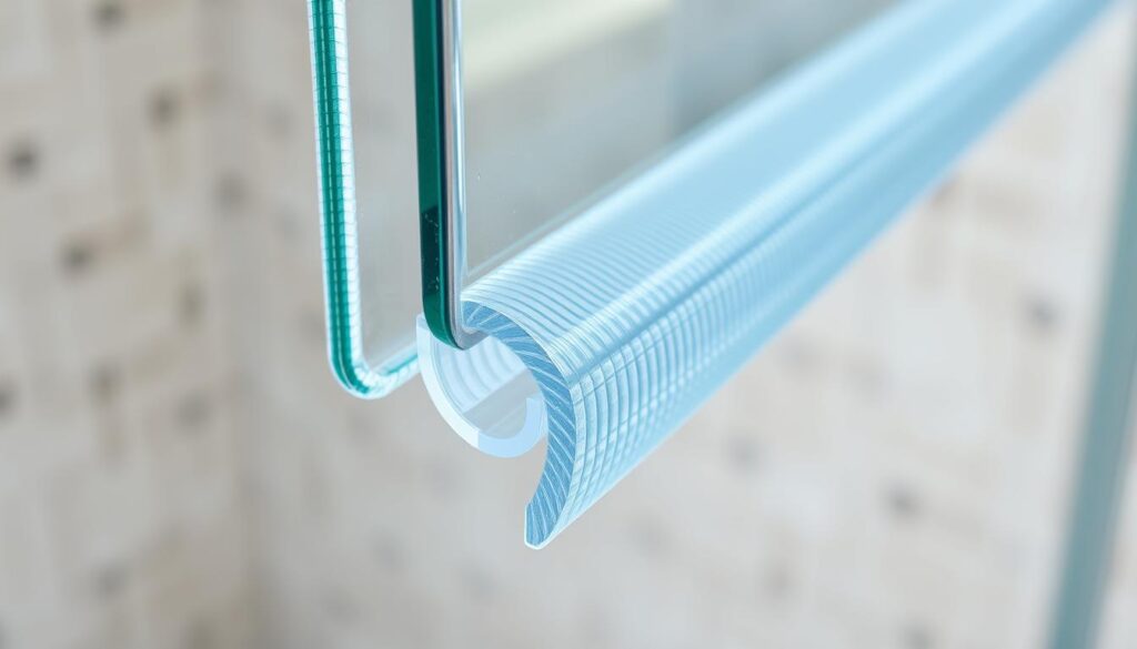 A high-quality, close-up image of a shower door seal (duschdichtung schwallschutz) made of flexible, transparent silicone. The seal is shown in a well-lit, slightly angled view, revealing its intricate ribbed texture and how it fits snugly against the glass shower door. The lighting is natural and soft, highlighting the seal's translucent quality and emphasizing its role in creating a watertight barrier. The background is slightly blurred, keeping the focus on the detailed structure and function of the seal as the central subject. The overall mood is one of technical precision and attention to detail, conveying the importance of this component in achieving maximum water tightness for the shower enclosure.