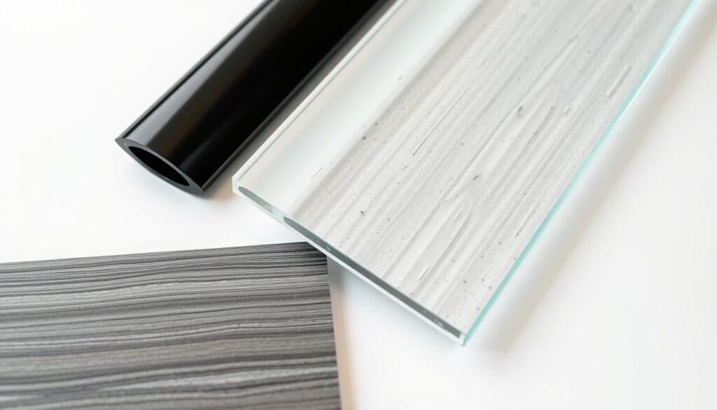 A high-quality close-up image of various construction materials used in kitchen backsplashes, showcased on a clean white background. The materials include glossy black plastic, crystal-clear acrylic glass, a textured high-pressure laminate (HPL) panel, and a sleek aluminum composite panel. The lighting is soft and diffused, highlighting the unique textures, reflections, and colors of each material. The composition is symmetrical and balanced, allowing the viewer to closely examine the intricate details and appreciate the material qualities. The overall mood is one of sophistication, highlighting the premium nature of these kitchen design elements.