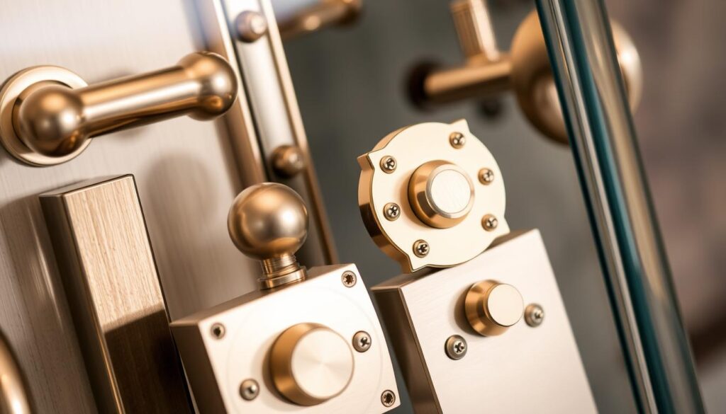 A high-quality close-up of various door hardware designs, including elegant metal handles, hinges, and other decorative fittings, meticulously crafted with attention to detail. The pieces are arranged in a visually appealing composition, showcasing a range of styles and finishes that could be used to enhance the visual appeal of a glass shower enclosure. The lighting is soft and diffused, creating a warm, inviting atmosphere that highlights the craftsmanship and sophistication of the hardware. The focus is sharp, and the depth of field is shallow, drawing the viewer's eye to the intricate details of the designs.