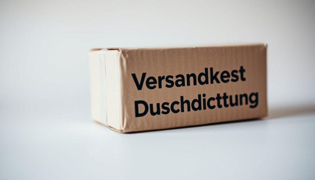 A high-quality close-up photograph of a shipping box or package, prominently displaying the text "Versandkosten Duschdichtung" printed on the surface. The package should be resting on a plain, neutral-colored background, with soft, diffused lighting illuminating the subject from the side. The image should convey a sense of efficiency, convenience, and professionalism, capturing the essence of a reliable delivery service for shower door seals. The focus should be sharp, the composition well-balanced, and the overall aesthetic pleasing and visually appealing.